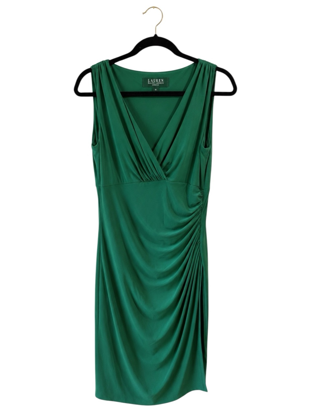 Lauren Ralph Lauren Green Faux Wrap Ruched Sheath Dress Size 10 Career Office